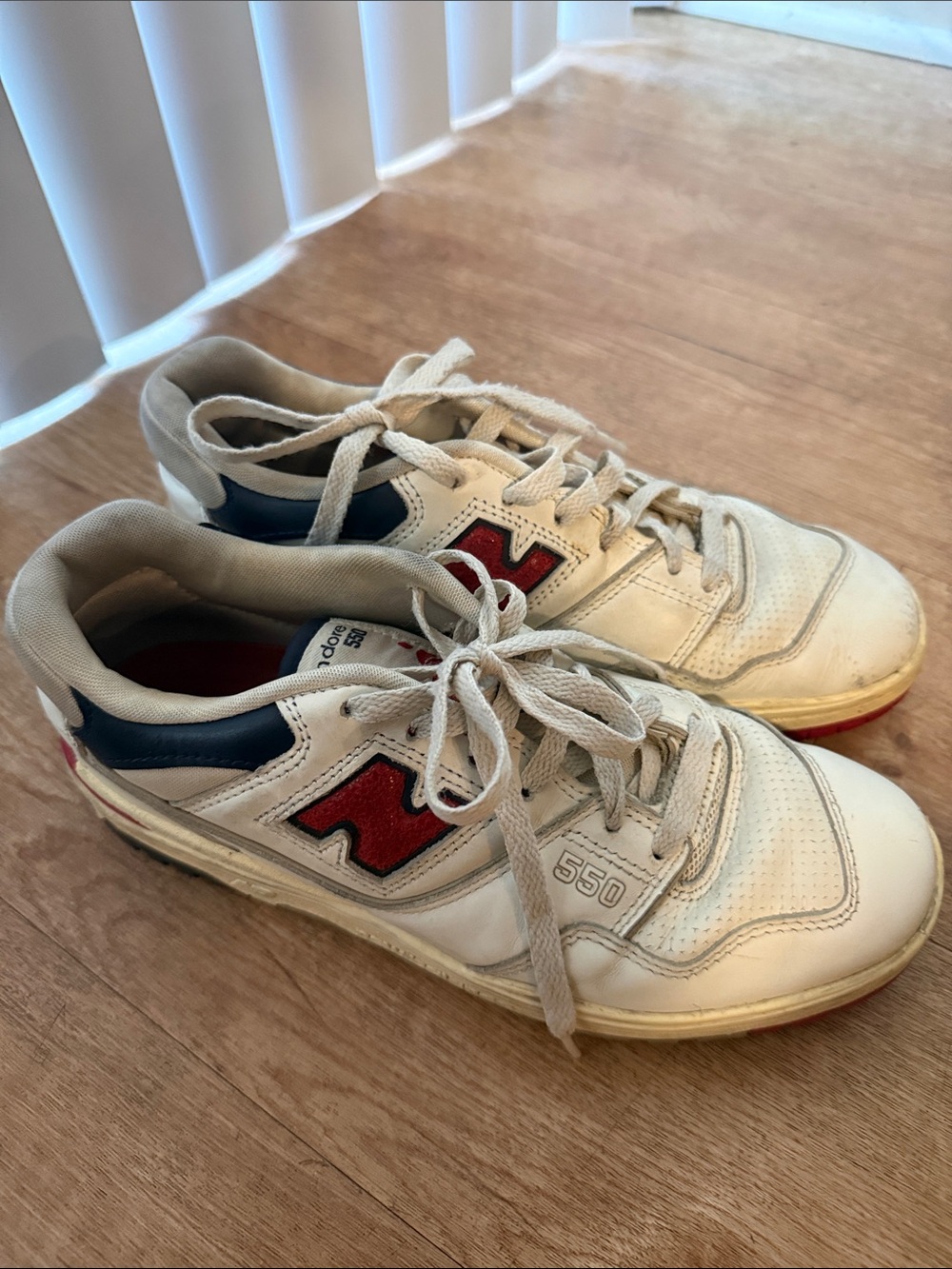 Aime Leon Dore White Sneakers with Red Logo and Navy Trim